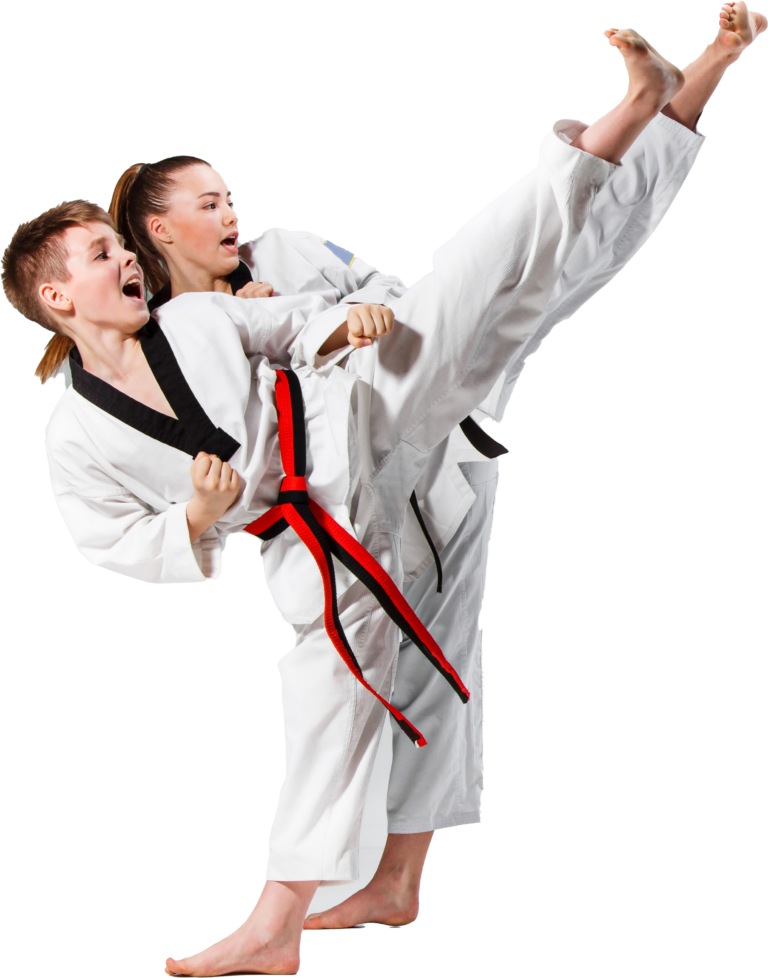 Zwei Kinder im Dobok zeigen einen hohen Kick